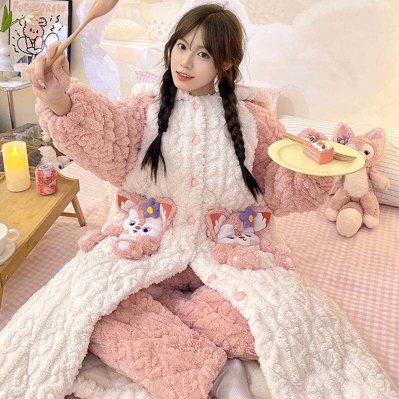 珊瑚绒三层夹棉睡衣女秋冬季加绒加厚连帽睡袍保暖浴袍家居服冬天 - 图2