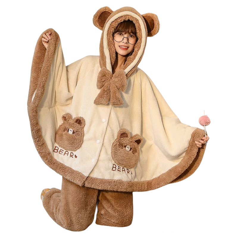 珊瑚绒睡衣女春秋冬季斗篷加绒可爱学生甜美可爱加厚法兰绒家居服 - 图3