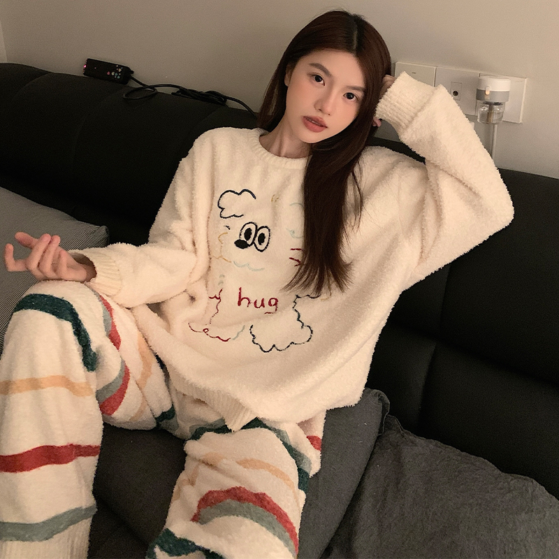 珊瑚绒睡衣女2025新款秋冬保暖加绒加厚家居服条纹小狗法兰绒套装 - 图2