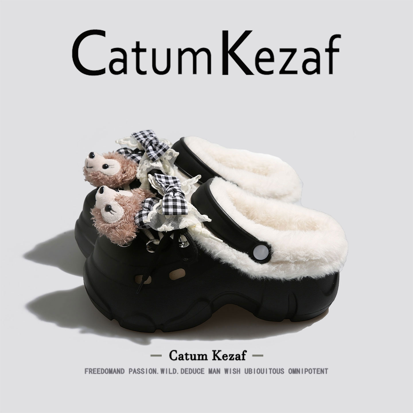 美国CatumKezaf加绒洞洞鞋女款2025新款冬季厚底毛毛鞋外穿棉拖鞋 - 图2