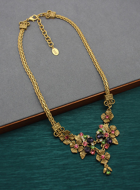 欧洲古董珠宝Hollycraft花与爱丽丝1955年中古套装复刻莱茵石项链