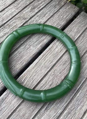 天然和田玉碧玉老料菠菜绿阳绿色哑光竹节圆条手镯女玉镯子带证书