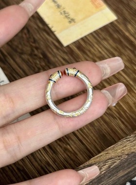 足银9999吉言描金纯银戒指女珐琅彩招财猫平安喜乐指环新中式戒指