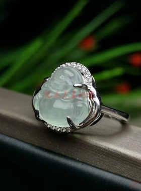 天然翡翠冰种戒指冰白佛公吊戒面