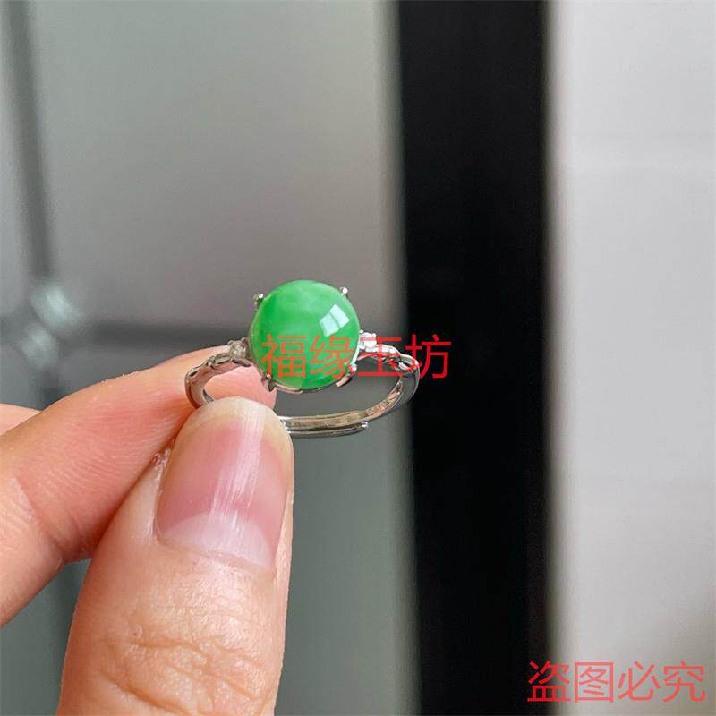 Boutique Burmese jade ice waxy green round cabochon ring for women 925 silver ring bracelet