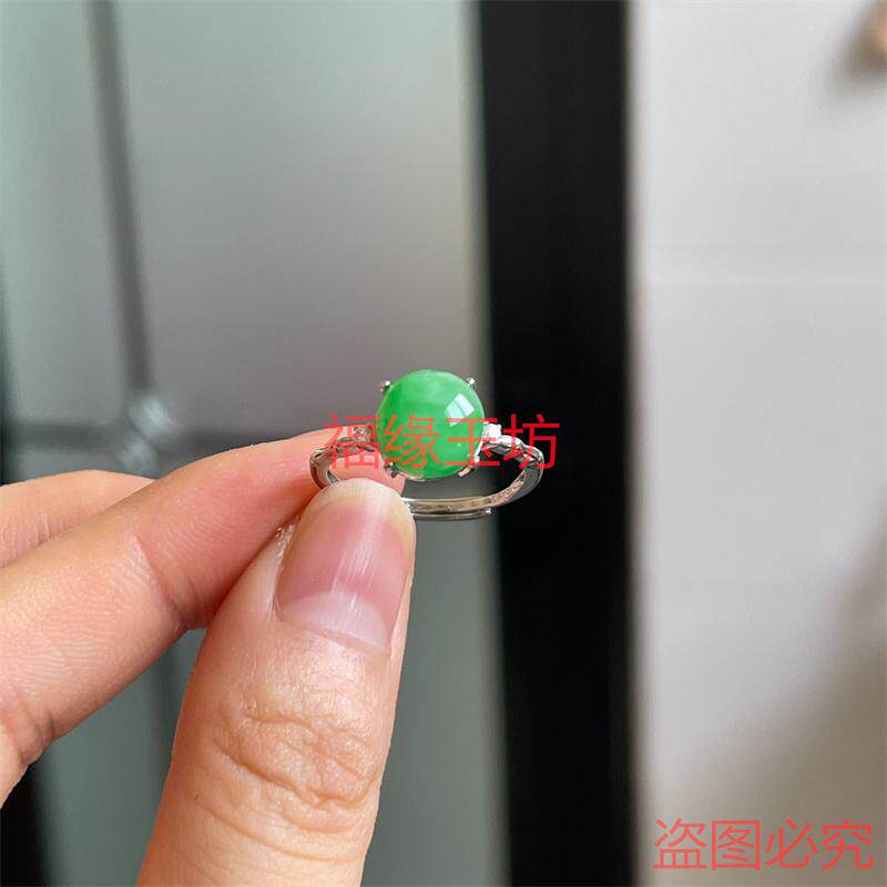 Boutique Burmese jade ice waxy green round cabochon ring for women 925 silver ring bracelet