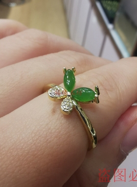 缅甸A货翡翠戒指冰种阳绿蛋面裸石蝴蝶满绿玉戒面18K金镶嵌男女款