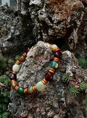 精品新疆和田玉手串白玉籽料原石红皮随形手链男女同款玉石手饰