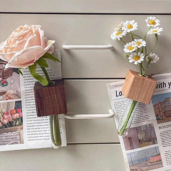 Solid wood creative flower arrangement refrigerator magnet magnetic decoration three-dimensional flower planting glass test tube vase personality