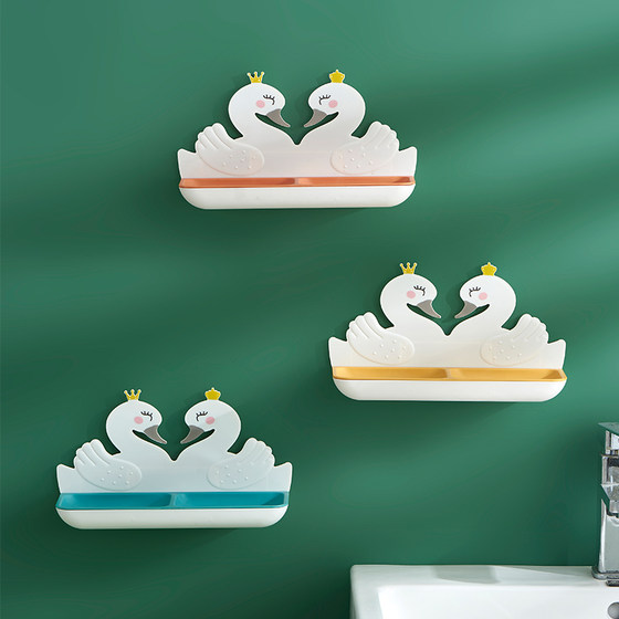 Hole-free wall-mounted household cartoon double-grid storage rack