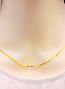 正品18K镀黄金女款盒子链单链配坠气质项链3D硬金锁骨素款挂脖链