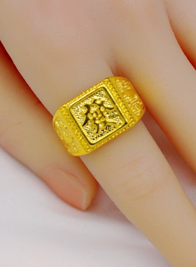 18K黄金男款可调节方正戒指 发财霸气不掉色真金色百搭指环开口