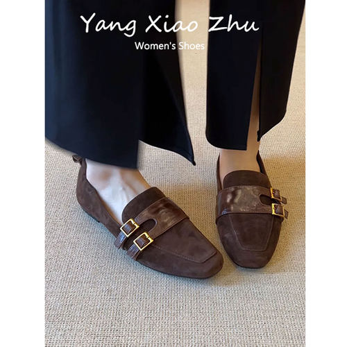 羊皮版~复古方头皮带扣平底乐福鞋女新款通勤一脚蹬百搭气质单鞋 - 图2