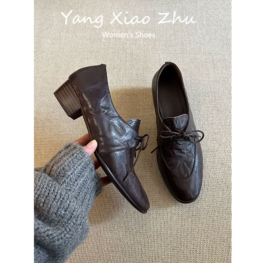 羊皮版~法式复古风圆头小皮鞋女系带粗跟乐福鞋通勤百搭深口单鞋,淘宝优惠券,粉丝福利购,淘宝优惠卷