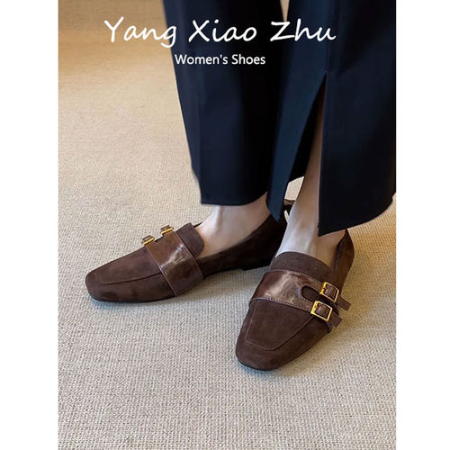 羊皮版~复古方头皮带扣平底乐福鞋女新款通勤一脚蹬百搭气质单鞋 - 图1