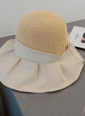 高端潮牌夏季甜美女士蝴蝶结草帽休闲防晒遮太阳帽子沙滩帽可折叠
