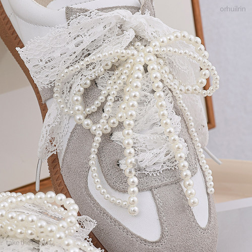 2025新款蕾丝鞋带女款德训鞋带珍珠鞋带配饰芭蕾风diy蝴蝶结鞋花 - 图1
