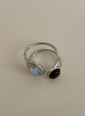 欧美设计感虎眼石几何双层金属戒指个性独特小众时尚潮流指环戒子