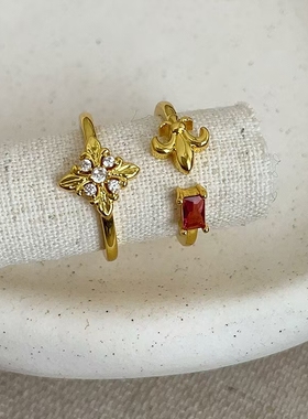 法式轻奢鸢尾花红色水晶戒指女时尚高级感个性时尚潮流百搭指环戒