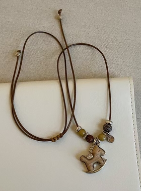 可爱小狗木马爱心吊坠编绳抽拉项链复古百搭时尚潮流颈链毛衣链