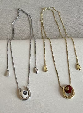 甜酷滴油跑环马蹄吊坠抽拉长款项链轻奢气质时尚潮流颈链毛衣链