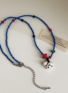 卡通萌趣奶牛吊坠蓝色串珠项链甜美可爱清新潮流时尚百搭锁骨链女