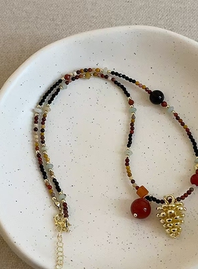 复古民族风松果红玛瑙吊坠串珠项链女轻奢气质时尚高级感毛衣链