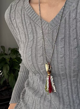 时尚度假风小众设计椰风葡萄长款爱心项链高级感流苏吊坠毛衣链女