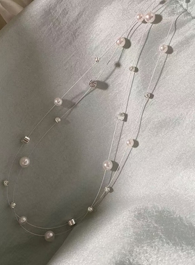 时尚温柔淑女珍珠串珠鱼线双层项链法式浪漫优雅冷淡风锁骨链配饰