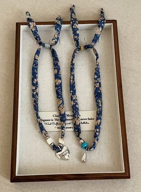 复古字母爱心水滴蓝色印花丝巾项链时尚温柔淑女优雅气质锁骨链女