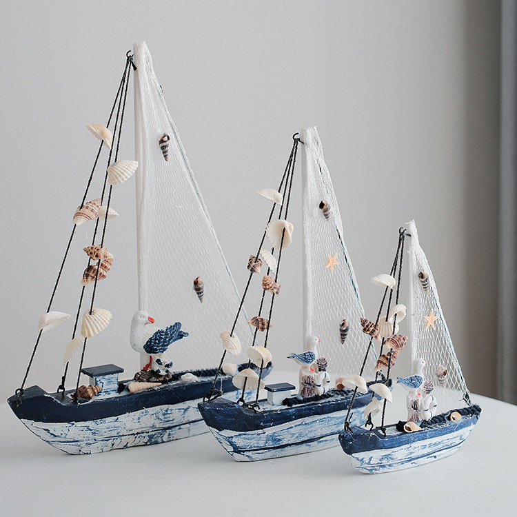 地中海帆船模型摆件做旧工艺船蓝白贝壳船家居客厅餐厅摆件装饰品 - 图0