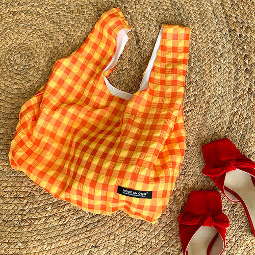 HIDDENNOTES/小众背心包 春夏橙色野餐手提包 棋盘格手提包 3背法 - 图0