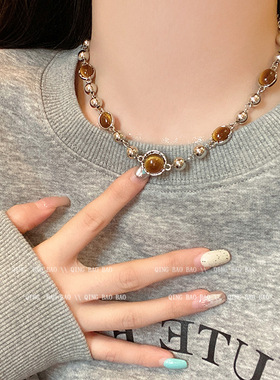 美拉德琥珀色猫眼石锁骨链女小众感网红配饰25新款爆款项饰品