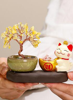 新款招sjbp水晶财猫然水晶石黄水原晶发财紫水晶摇钱树入户玄摆关