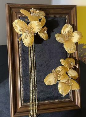新娘黄色花朵水晶流苏发夹三件套