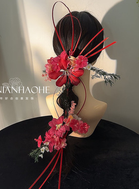 2025新品中式红色仿真花竹编花环