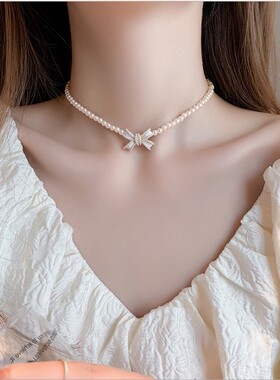 新款珍珠蝴蝶结礼服气质项链耳环