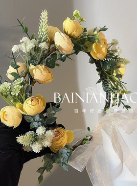 仙女风黄色仿真玫瑰花环新娘发饰