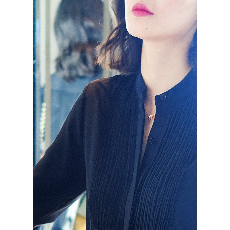 法式百褶立领黑色雪纺设计感衬衫 iumi衬衫