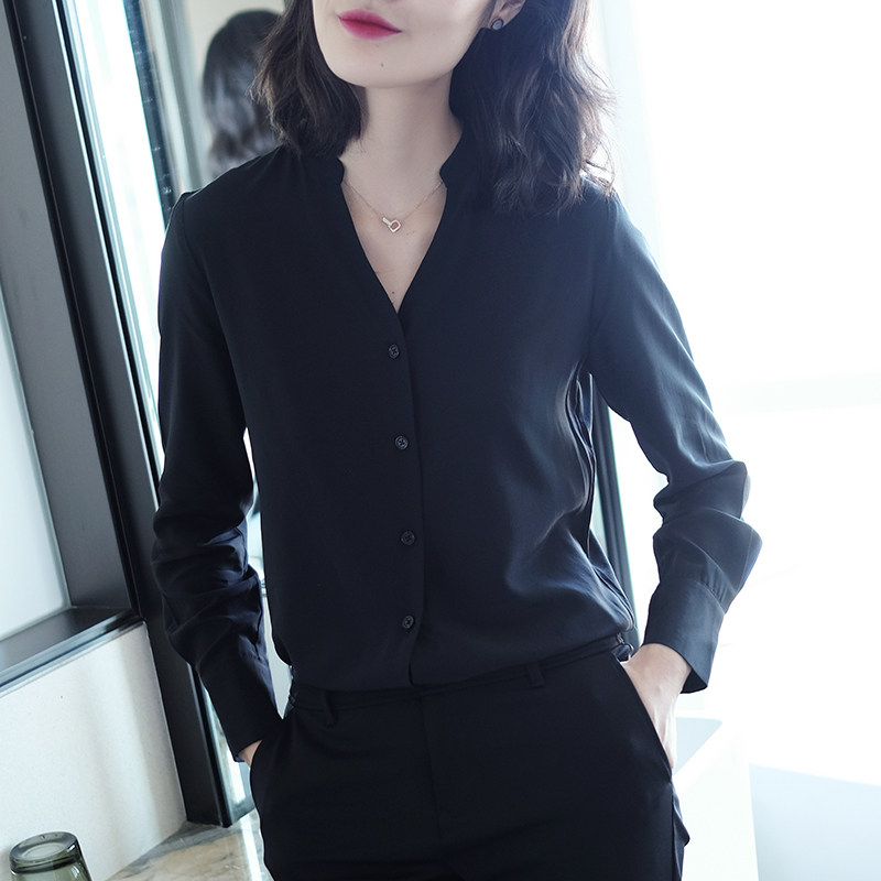 吸睛丝垂雪纺v领黑色女设计感衬衫 iumi衬衫