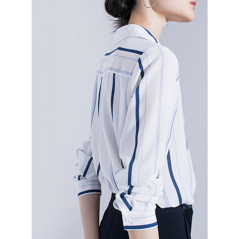 职场撞色蓝白长袖竖条纹雪纺女衬衫 iumi衬衫