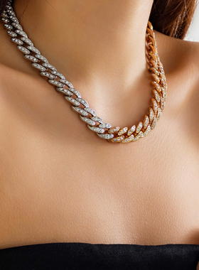 拼接混色古巴链嘻哈锁骨项链