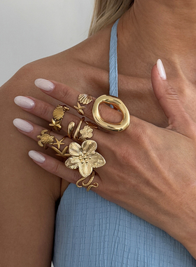 9件套花朵海星扇贝戒指套装  2026夏季潮流时尚海边旅行度假饰品