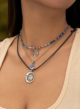 3件套彩色米珠小树项链套装 欧美夏季复古个性网红风格叠戴锁骨链