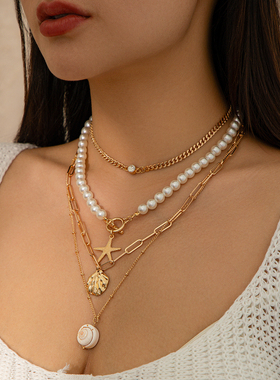 4件套海星贝壳四面磨链项链套装 欧美夏季海滩旅行度假叠戴颈链潮