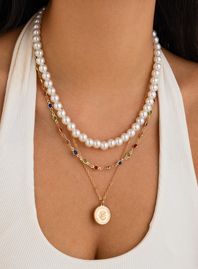 3件套圆形太阳仿珍珠水晶链项链套装 欧美新潮时尚个性叠戴锁骨链