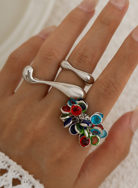 3件套水晶逗号戒指套装 欧美复古时尚女生写真拍照搭配饰品潮人