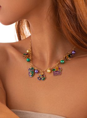 面具珍珠十字链项链女 欧美2025冬季时尚个性设计节日搭配锁骨链