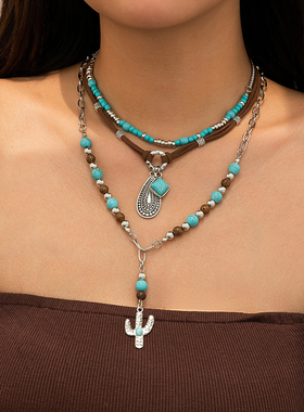 3件套仿松石仙人掌牛仔帽项链套装 复古气质夏天配裙子叠戴锁骨链