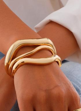 3件套不规则弧面金属手镯套装 欧美新潮时尚嘻哈服装拍照搭配饰品